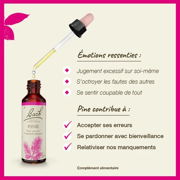 Bouteille de complément alimentaire Bach de la fleur de pin avec pipette, entourée de texte expliquant les émotions ressenties et les contributions de ce produit.